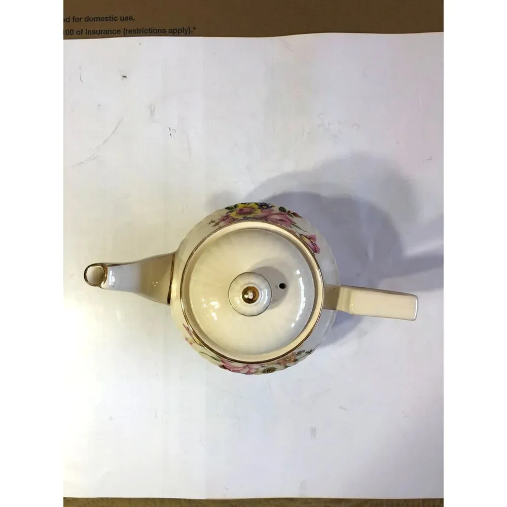 Vtg 50s Sadler England Ribbed Teapot Cream Floral Bouquet Gold Trim MCM #3771 6